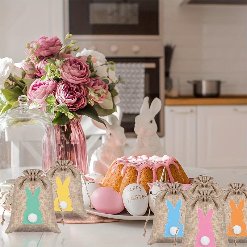 18pcs Bunny Durable Burlap Gift Bags Gift Wrap Drawstring for Easter Candy with Twine Present Pouches Easter Party Favors