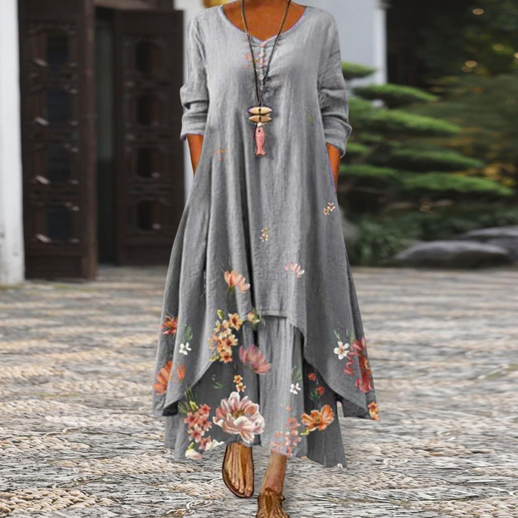 Yousheng Frühlings-/Herbstkleid mit Taschen, Vintage-Blumendruck, unregelmäßiger Lagensaum, lockeres A-Linien-Maxikleid für die tägliche Arbeitsparty