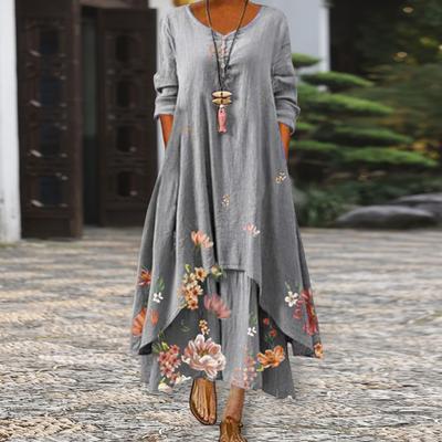 Yousheng Frühlings-/Herbstkleid mit Taschen, Vintage-Blumendruck, unregelmäßiger Lagensaum, lockeres A-Linien-Maxikleid für die tägliche Arbeitsparty