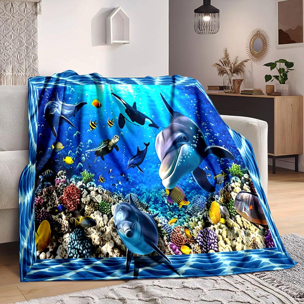 1Pc Underwater Marine Life Blanket Soft And Comfortable Casual Warm Camping Travel Christmas Halloween Xmas Gift M924634