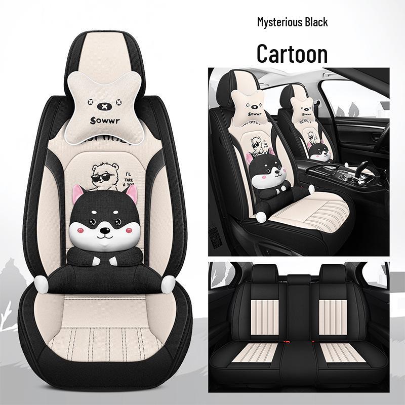 All-Season Linen Car Seat Cover - Breathable, Full Coverage with Cute Cartoon Design for Autumn/Winter