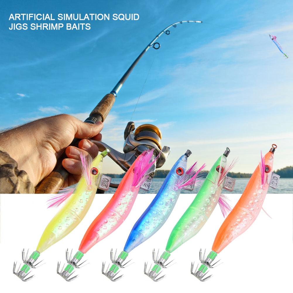 5PCs Artificial Simulation Luminous Fish Squid Jigs Hard Fishing Lures Shrimp Baits Hook