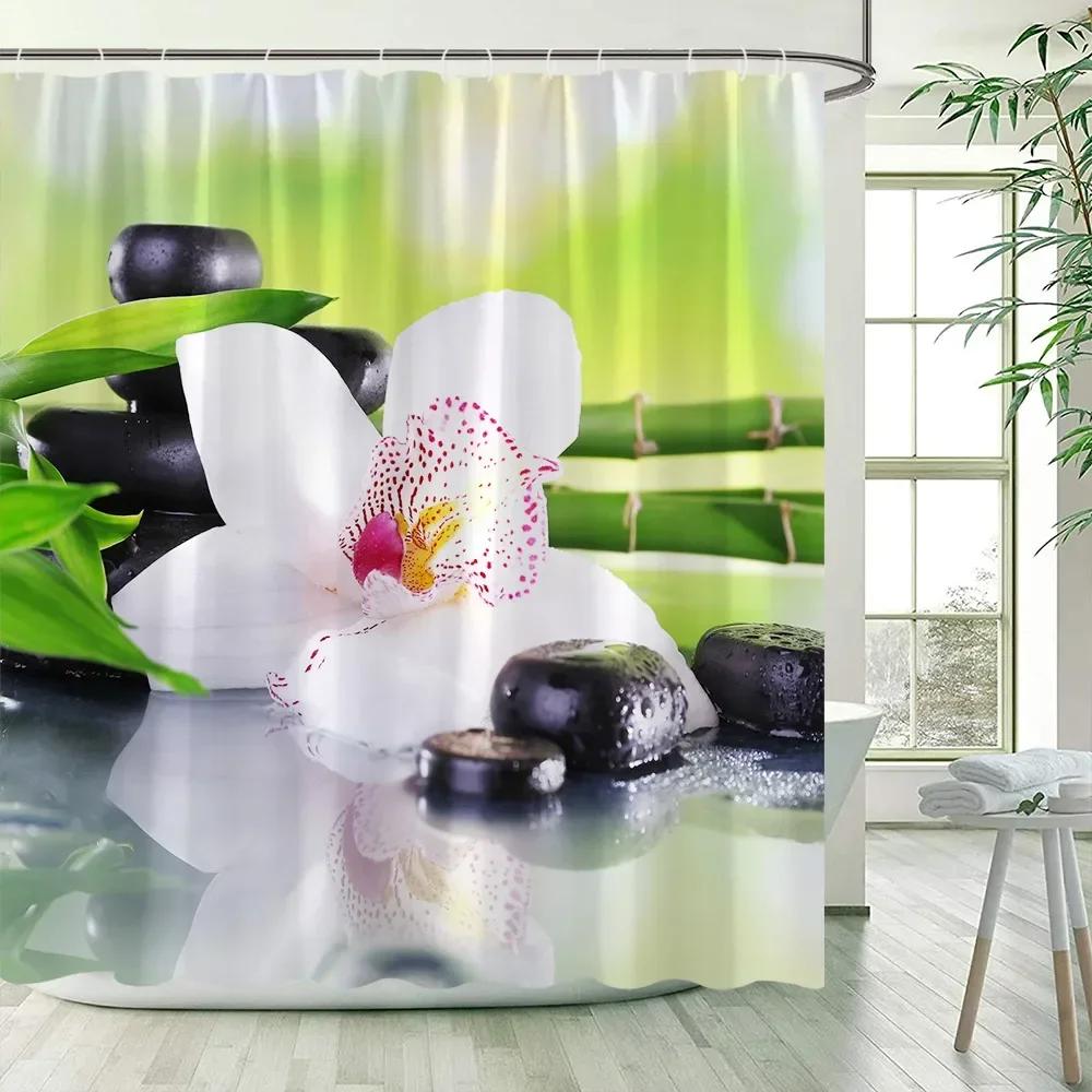Zelené bambusové zenové sprchové závěsy, sada, lázeňské kameny a květy orchidejí polyesterová tkanina koupelnový závěs s háčky koupelnová dekorace