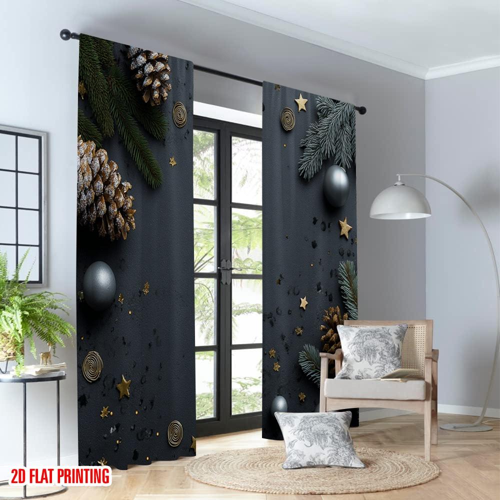 2pcs 2D flat printing Christmas Classic Hot Curtains Christmas Pinecones Stars Ornaments Digital Printed Polyester Drapes Family