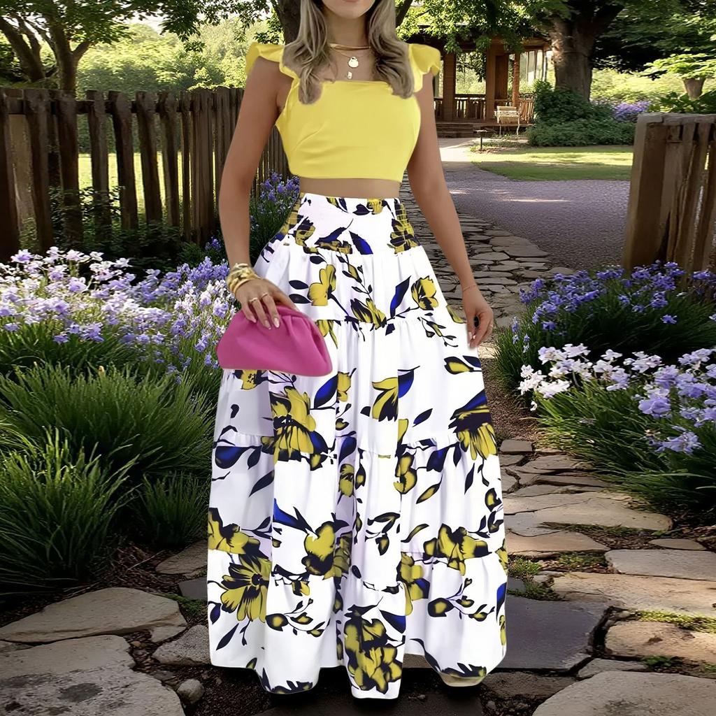 Women's Fashionable Casual Floral Print Elegant And Mid-Waist Strapless Wide-Skirt Two-Piece Dress Set