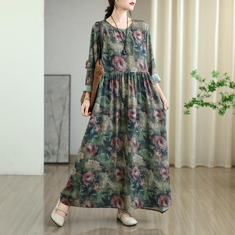 New Vintage Floral Maxi Dress Women Plus Size Oversize Long Sleeve Loose Basic Spring Long Dress