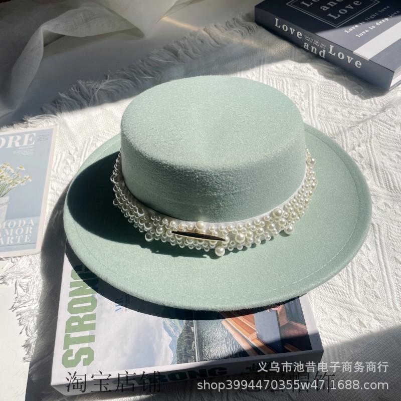 White Pearl Flat Top Woolen Top Hat Female Autumn and Winter British Retro Socialite Elegant French Wide Brim