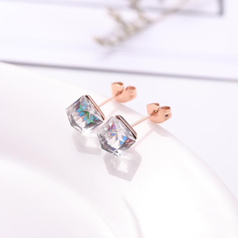 Shiny Color Crystal Small Square Bead Earrings Sea Blue Sugar Cube Titanium Steel Earrings Earrings Light Luxury
