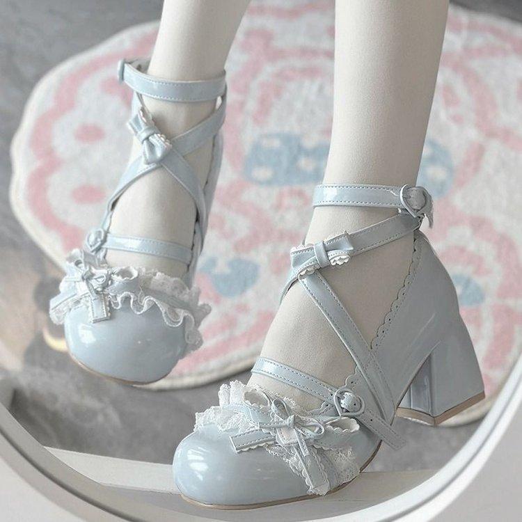 New cute lace small leather shoes round head lace sweet Mary medium heel high heel cute