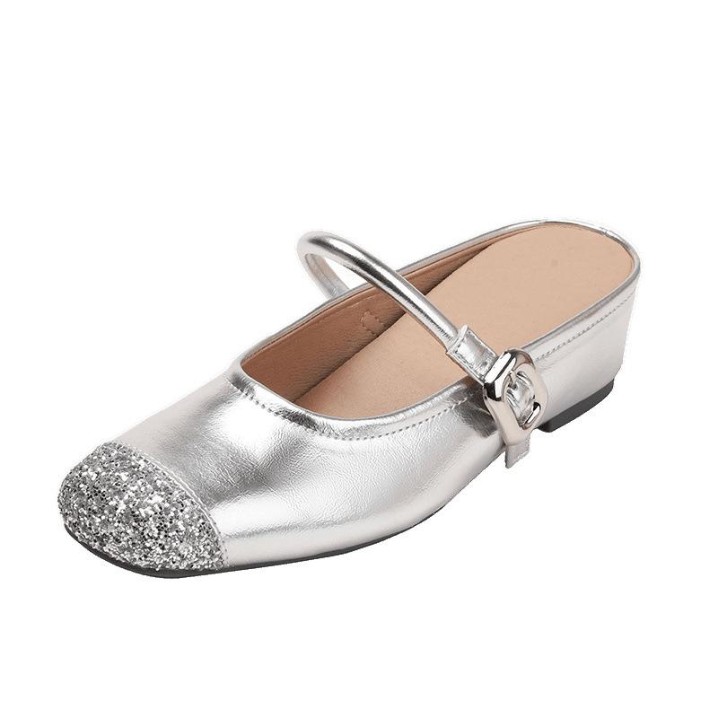 Inner Heightening Bag Head Half Slippers Women's New Temperament Silver Single Shoes One Pedal Small Cool Slippers