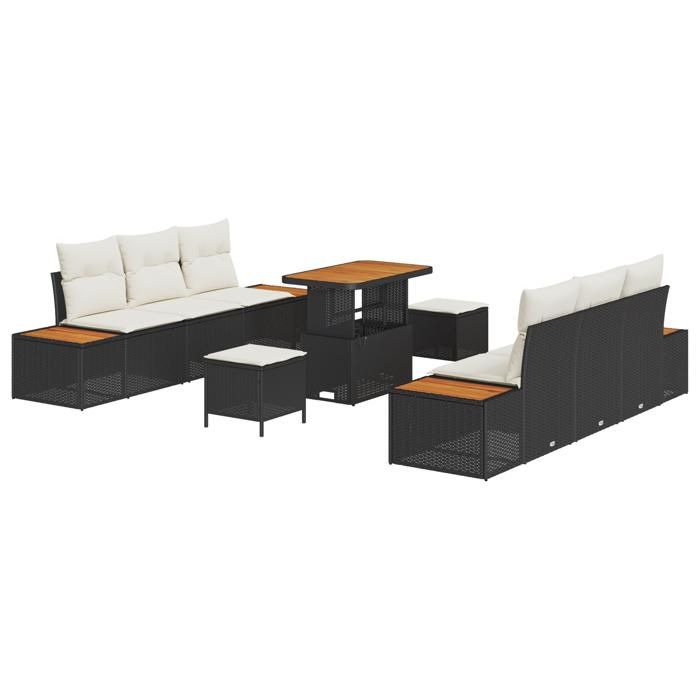 Canapés de jardin 9 pièces avec coussins Noir Poly Rattan Acacia, Salle à manger de jardin 3 pièces avec coussins Noir Poly 3362870