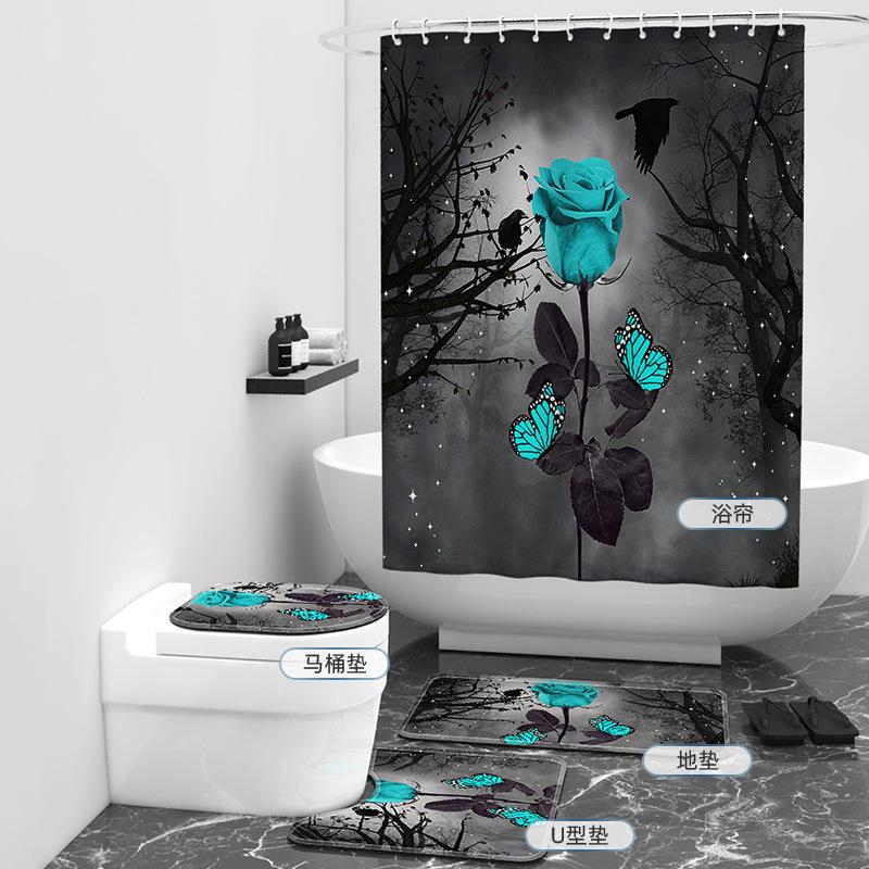 Einfacher Badezimmervorhang Blume Digitaldruck Duschvorhang Duschvorhang Vier-teiliges Set