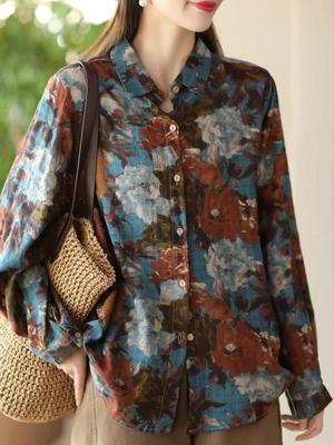 Vintage Floral Print Spring Shirts for Women Long Sleeve Turn Down Collar Button Tops