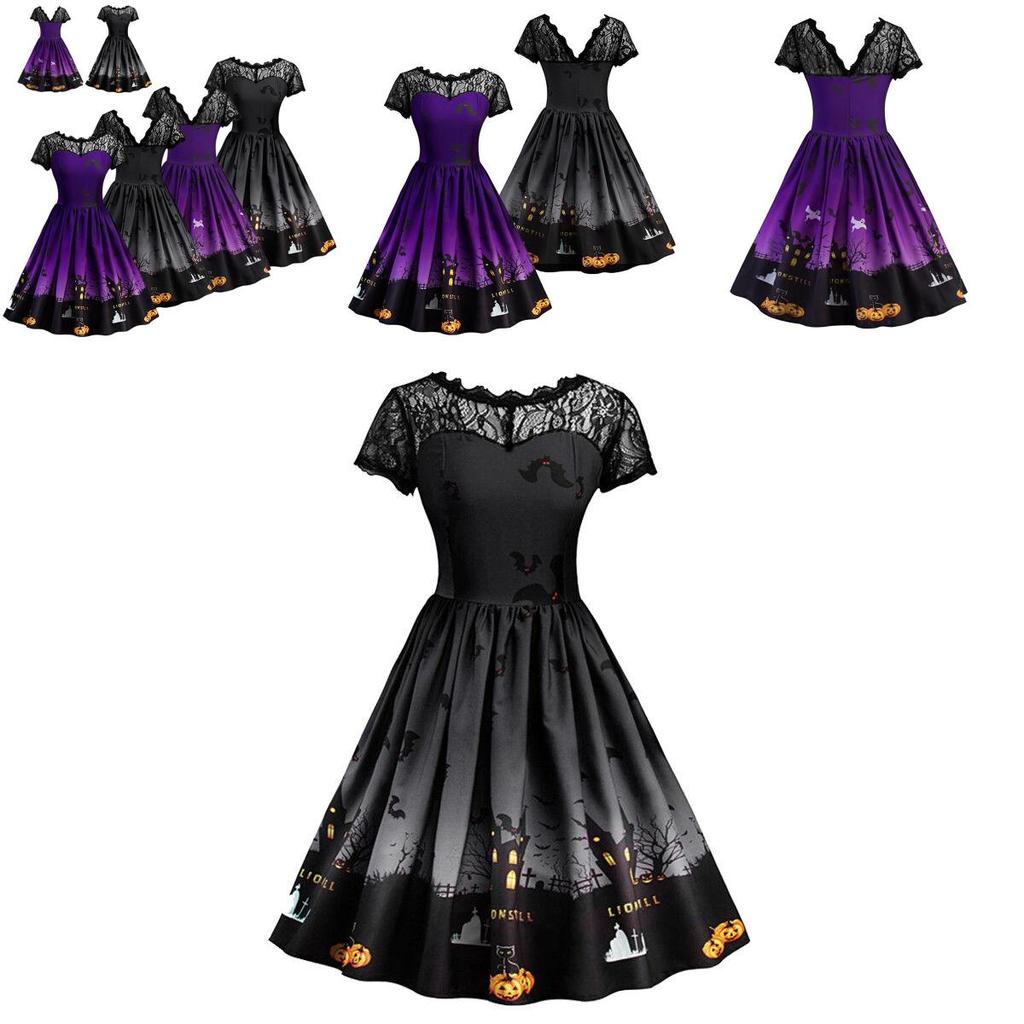 Charming Women Short Sleeve Halloween Retro Lace Vintage Dress Featuring A-line Pumpkin Design