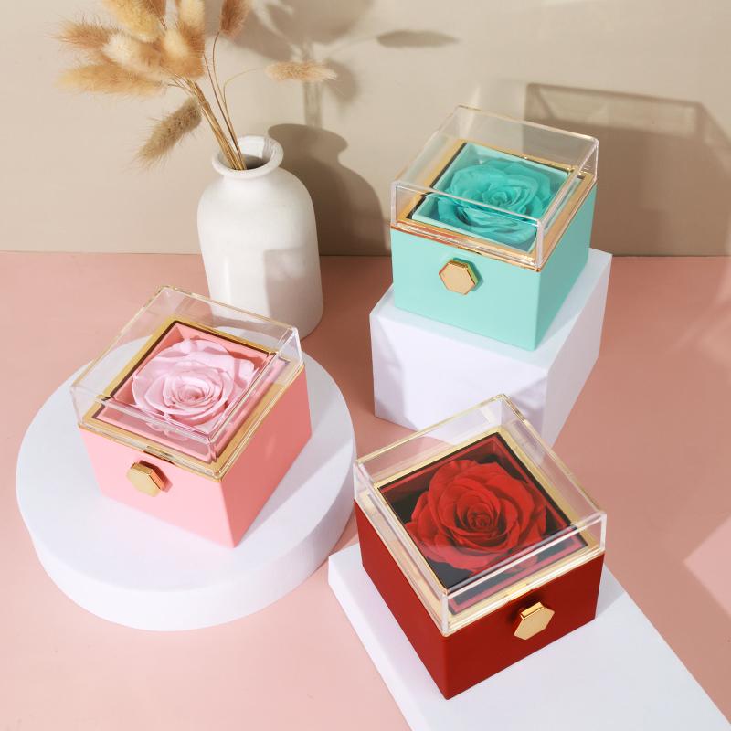 Manual Rotating Preserved Flower Jewelry Box with Necklace Ring Holder Luxury Acrylic Eternal Rose Box for Anniversary Gift