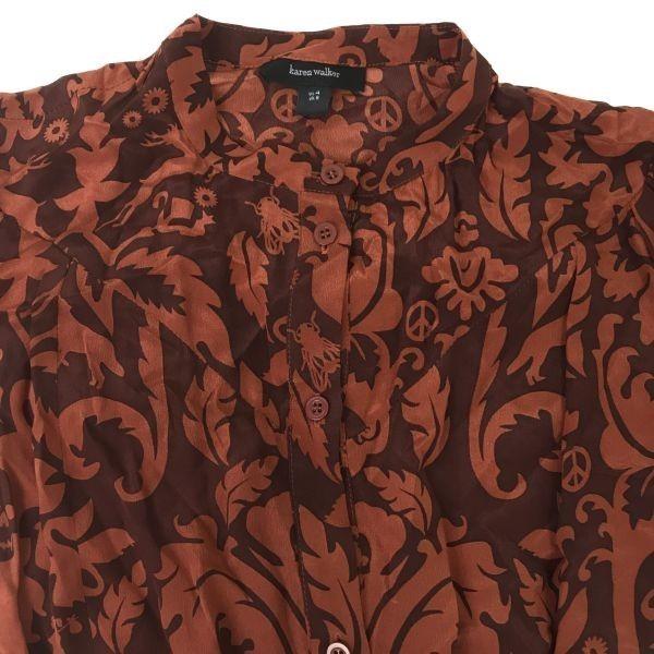 KAREN WALKER / 100% Silk Short Sleeve Dress [Women’s 8 / M / Orange × Brown Pattern / Skull Design](USED)
