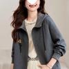 Women's Gray Hooded Sweatshirt - Short Jacket for Spring and Autumn, Loose Fit, Trendy and Casual.