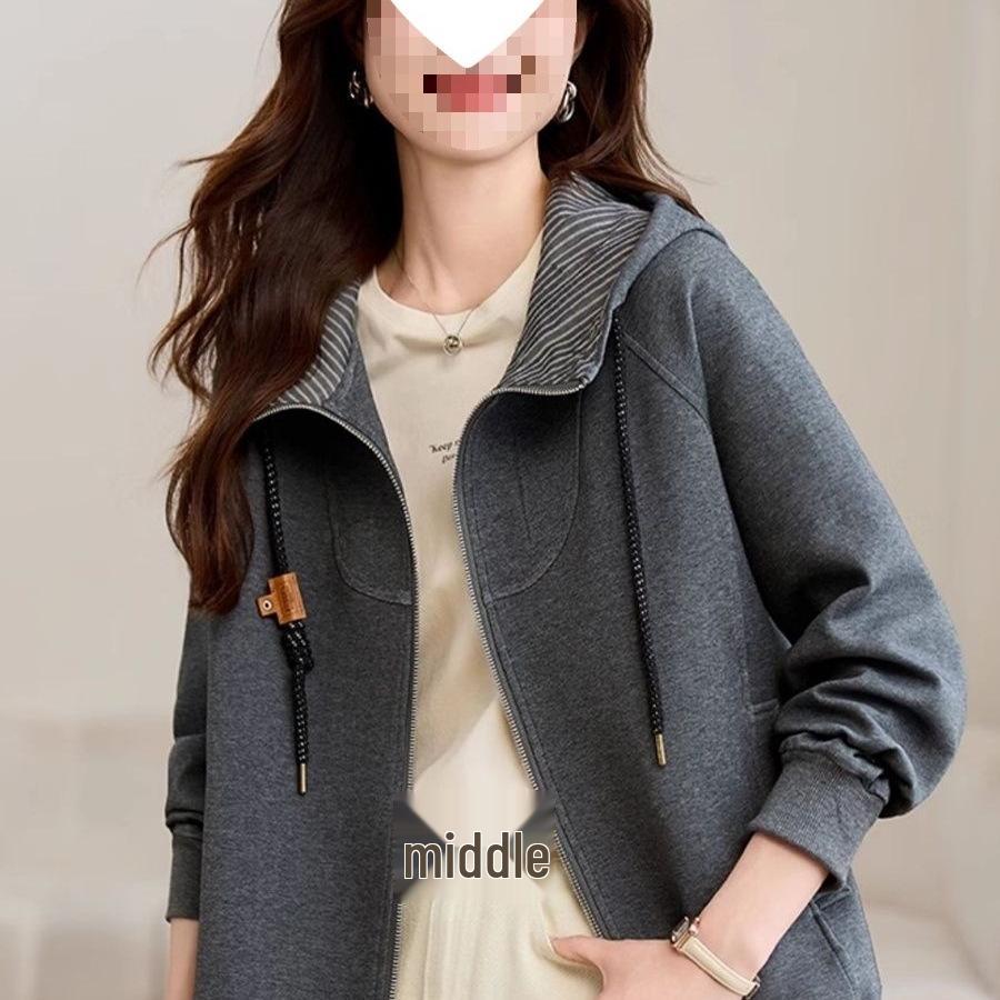 Women's Gray Hooded Sweatshirt - Short Jacket for Spring and Autumn, Loose Fit, Trendy and Casual.