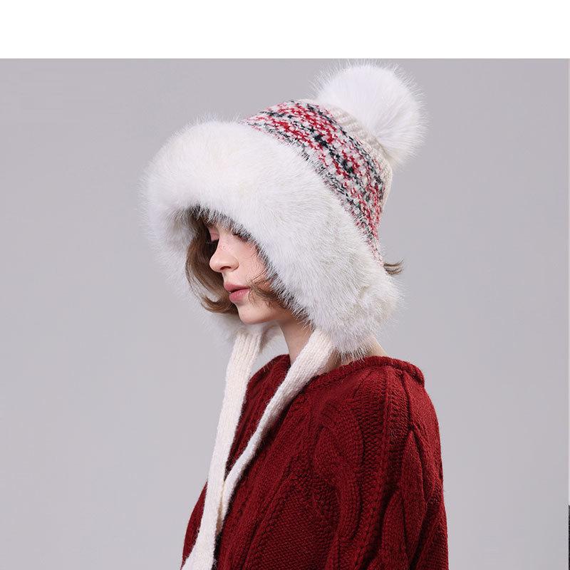 Winter Retro Big Fur Collar Fur Ball Knitted Hat Women's Outdoor Windproof Face Protection Hat