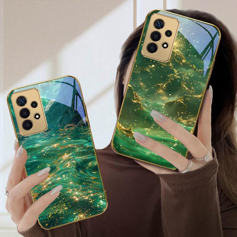 Deep Green Jade Texture For Samsung A36 A35 A34 A33 A32 A31 A26 A25 A23 A22 A21s A73 A72 A71 A42 A56 A13 Golden Glass Phone Case