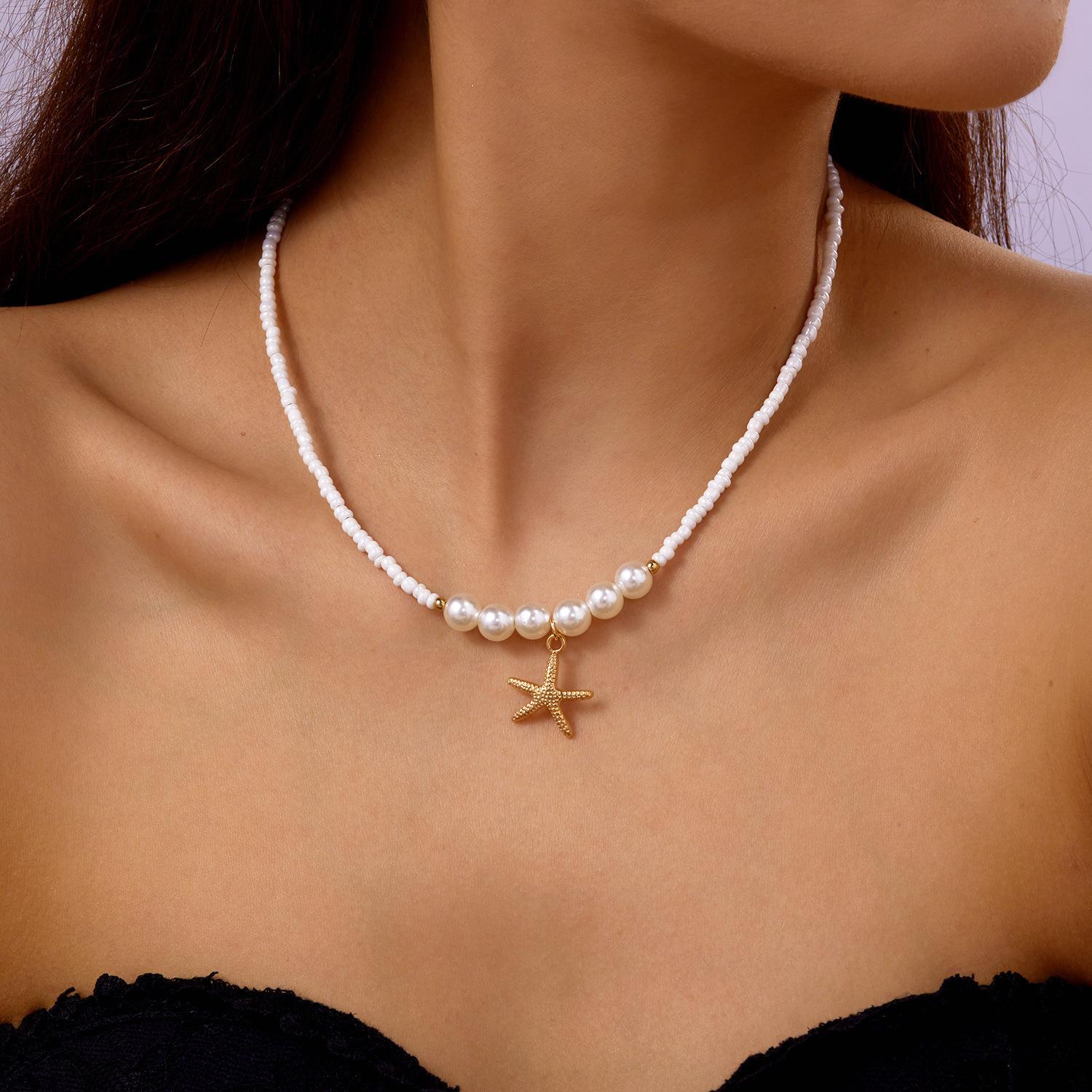 

Bohemian Rice Beads Starfish Pendant Necklace for Women Handmade Imitation Pearl Colorful Beaded Choker Beach Party Jewelry