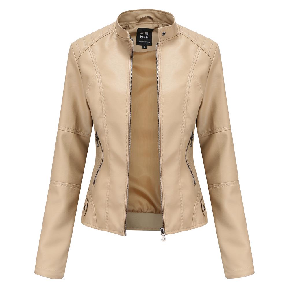 Giacca slim da donna Giacca da motociclista Giacca in pelle con colletto alla coreana di grandi dimensioni