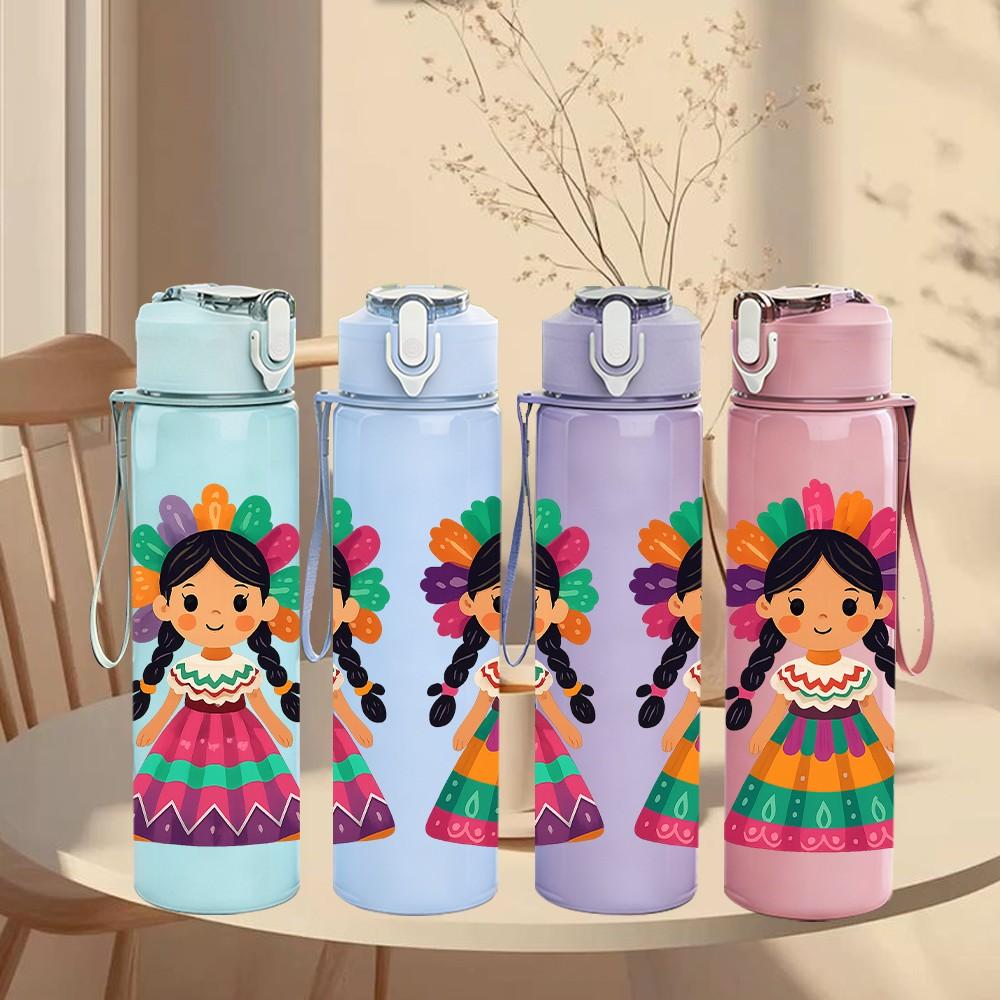 1PC Two Mexican Girl Cartoon Duo 750ml Color Plastic Sports Water Bottle Leakproof Flip Straw Lid For Sports Office Home Use