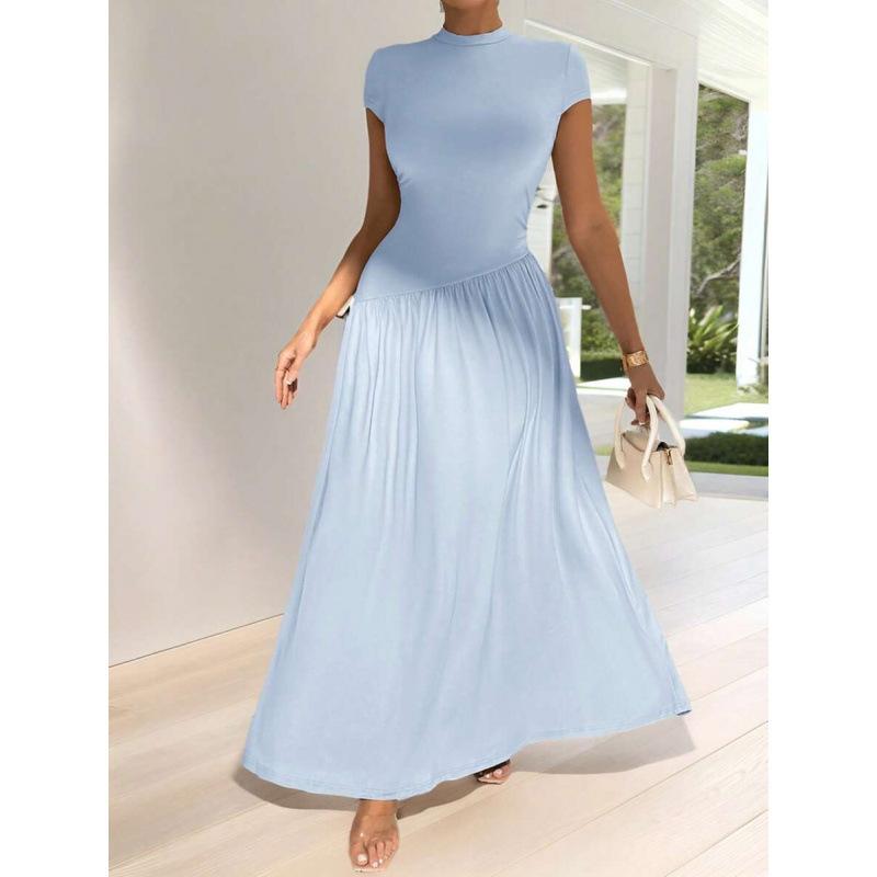 Europe, America 2026 summer new simple asymmetrical stand-up collar short-sleeved A-word casual dress women