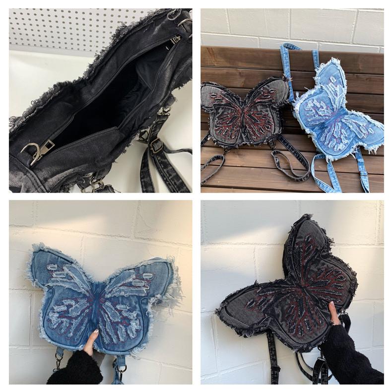 Borsa a Spalla Urbana in Denim con Ricamo a Farfalla e Pochette con Cerniera per Uso Quotidiano
