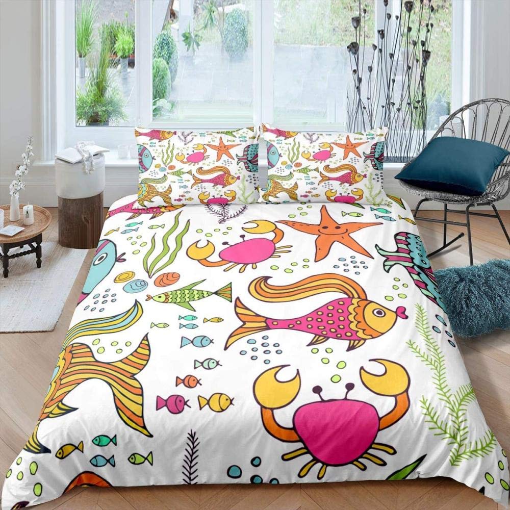 Cartoon Clownfish King Queen Duvet Cover Tropical Marine Life Quilt Cover Underwater World Bedding Set Polyester Comforter Cover