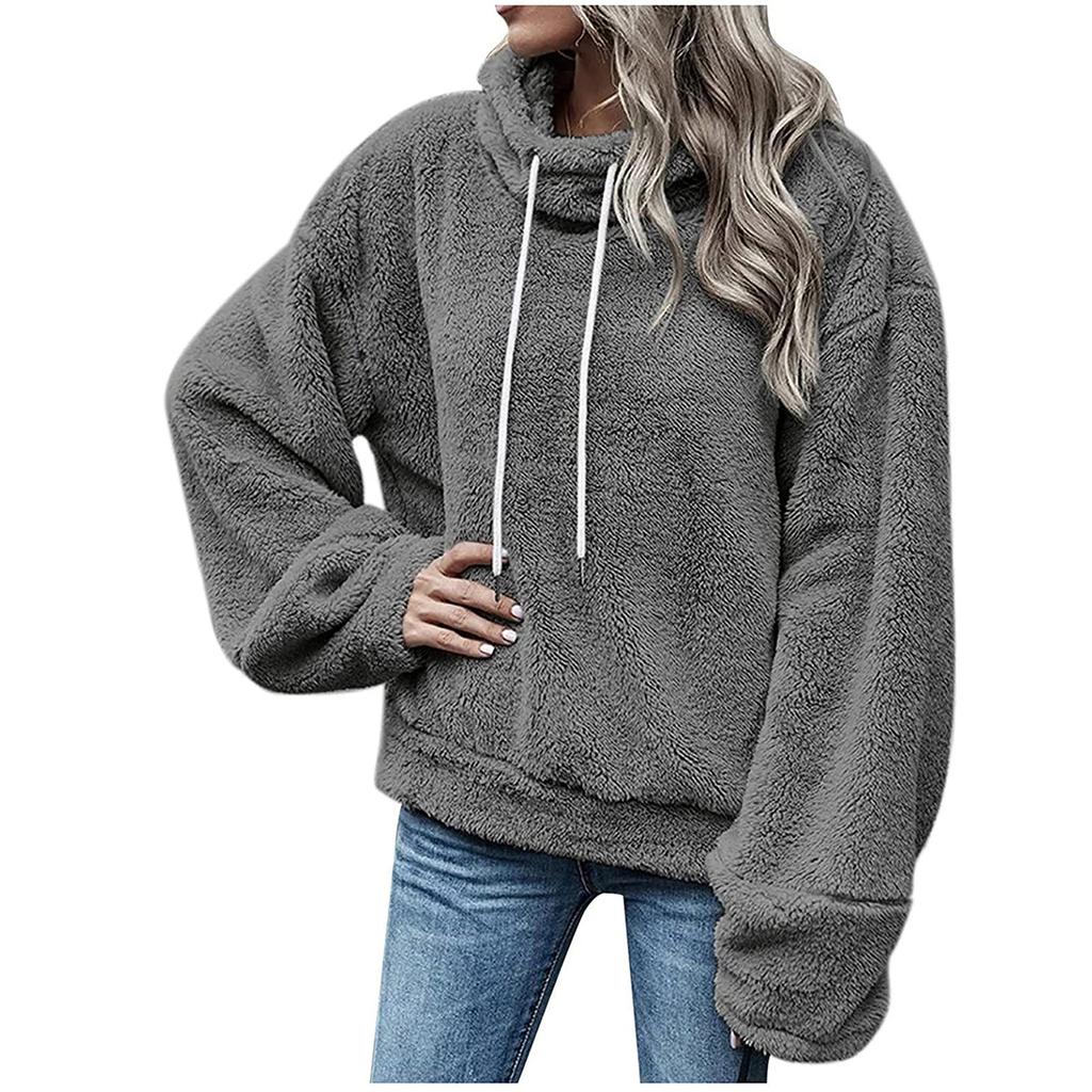 Women's Fashion Leisure Solid Color Long Sleeve Pullover With Drawstring Plush Coat Top