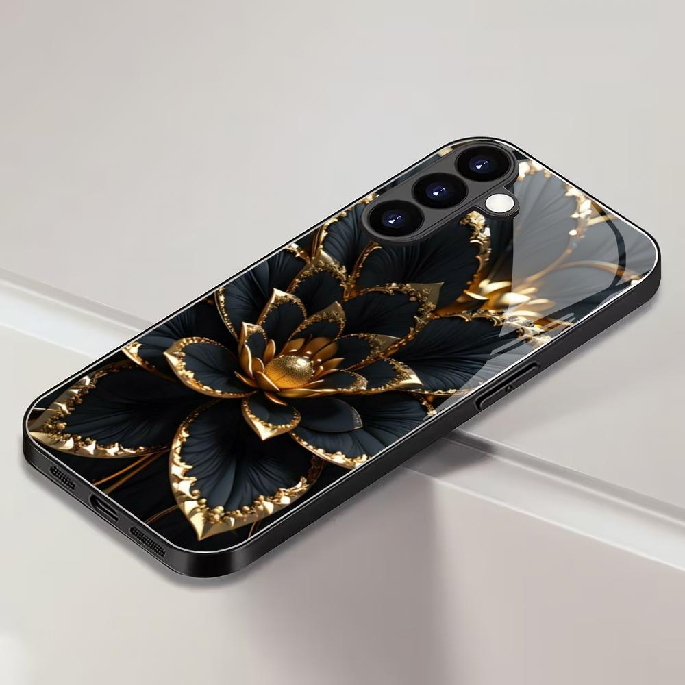 Black Lotus Pattern Tempered Glass Phone Case Suitable for Samsung Galaxy S26 S25 S24 S23 S22 S21 S20 FE/Ultra/Plus Anti Drop
