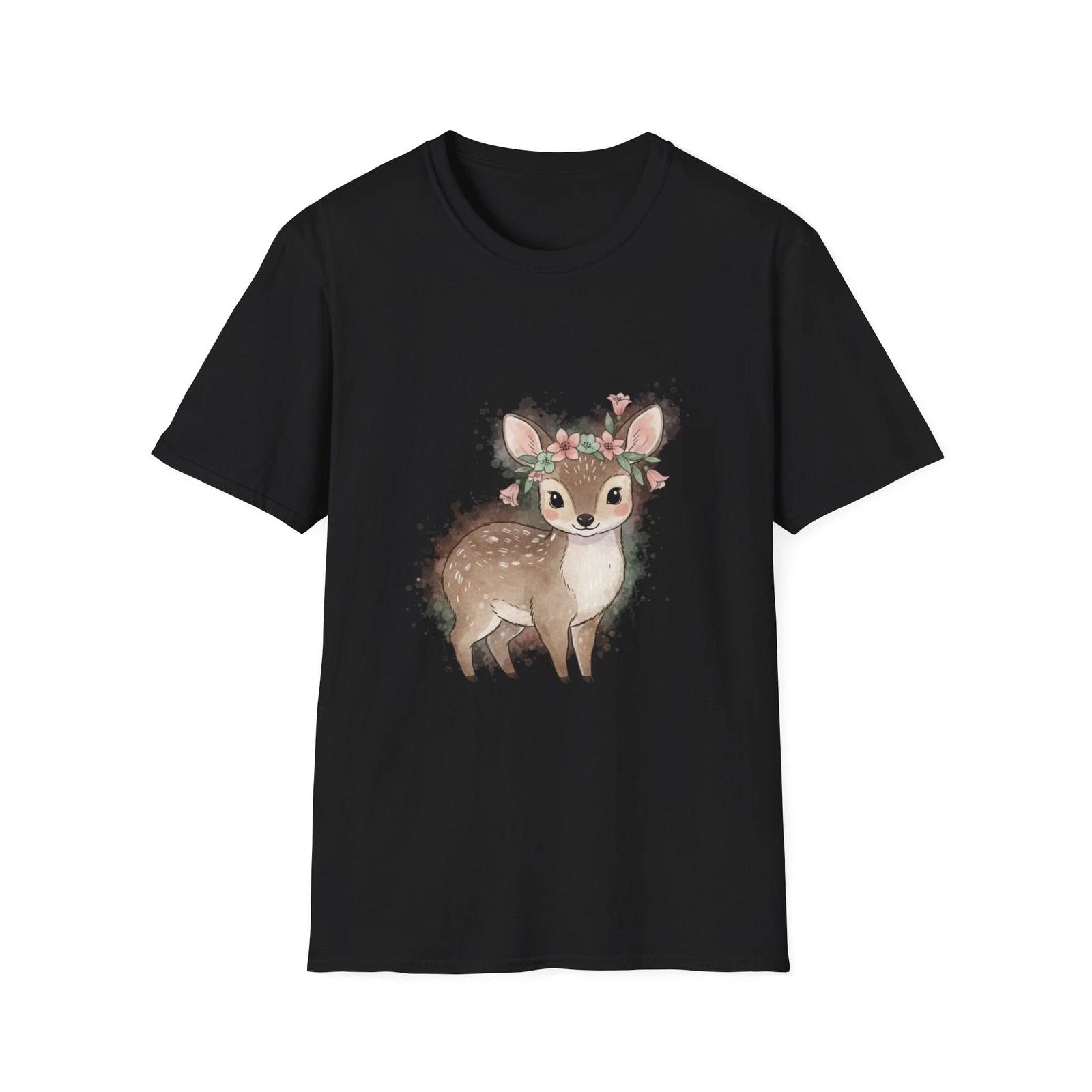 Deer Flower Crown Watercolor Cute Black Tee Nature Graphic T-Shirt 2XL