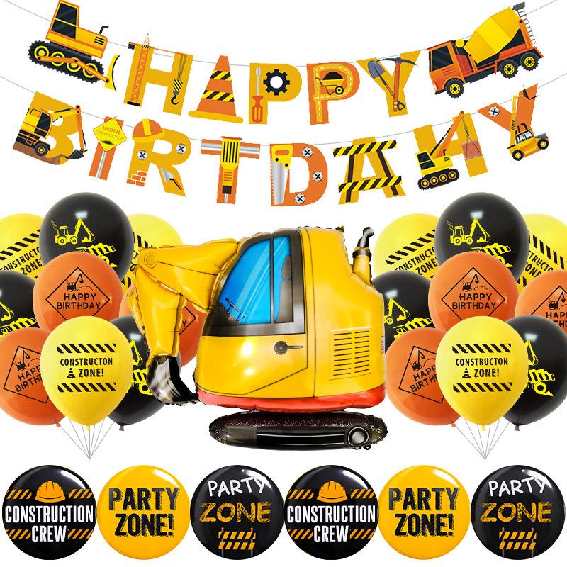 Traffic Construction Vehicle Latex Balloon Pulling Flag Badge Set Birthday Party Decoration Venue Layout
