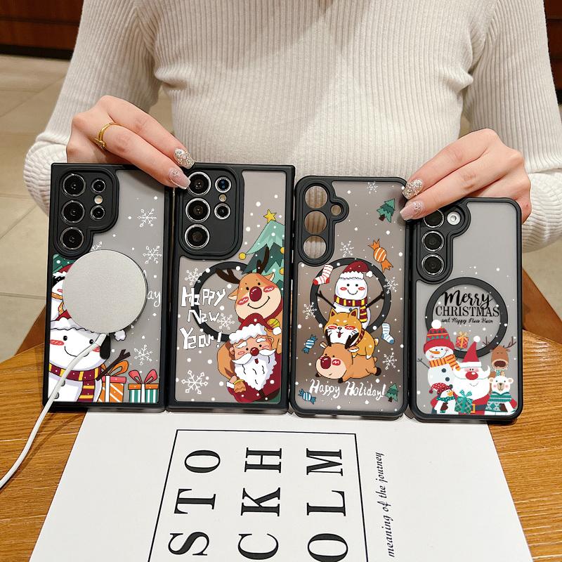 

Merry Christmas Elk Snowman Print Phone Case For Samsung S24 Ultra S23 FE S22 Plus Santa Claus Magnetic Shockproof Soft Edge for Magsafe Bumper Cover Samsung S24