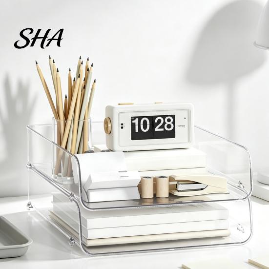 Desk Space Saving Box Clear Acrylic File Organizer Tray, 1/2/3/4/5 Tier Paper Ducument Compact Storage Box, Stackable Office Supplies Rack Desktop
