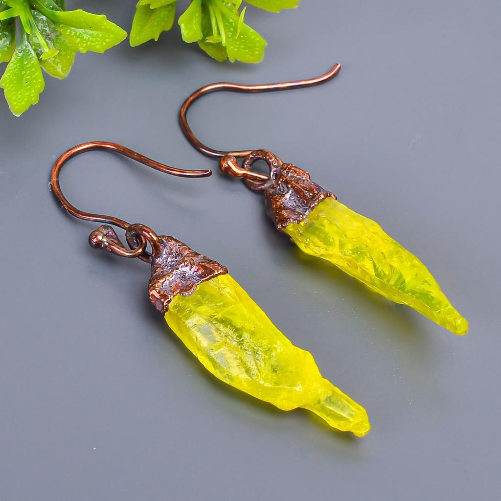 Yellow Topaz Rough Stone Unique Artisan Dangling Trendy Earrings Jewelry Copper V-7