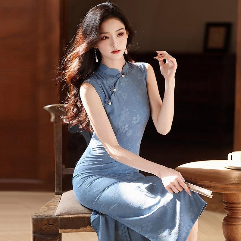 Blue Sleeveless Long Cheongsam Dress 2026 Womens Modern Chinese Style Retro Elegant Formal Wear