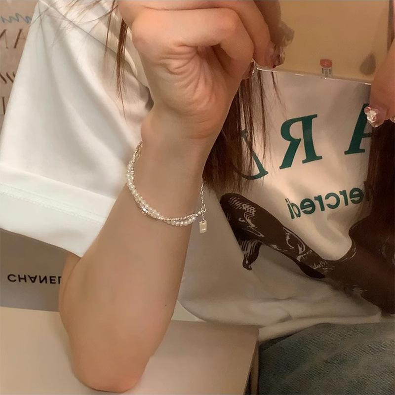 925 Silver Double Layer Pearl Bracelet for Women Girl Design Bead Korean Jewelry Charm Bracelet
