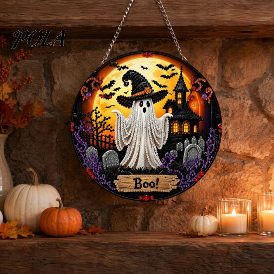Creative Stress Relief Crafts Black Cat Moon Rhinestone Painting Kit, Halloween Faceted Faux Crystal Hanging Decor, Shining Pendant Art DIY