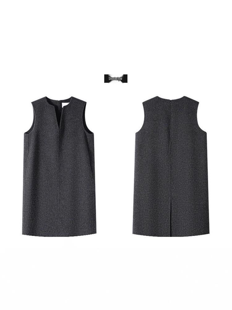 Double-Sided V-Neck Wool Dress - High-End Slimming Short and Mid-Length Sleeveless Vest for Autumn/Winter