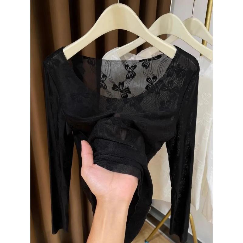 Womens Square Neck Floral Embroidered Sheer Mesh Long Sleeve Top Casual Blouse
