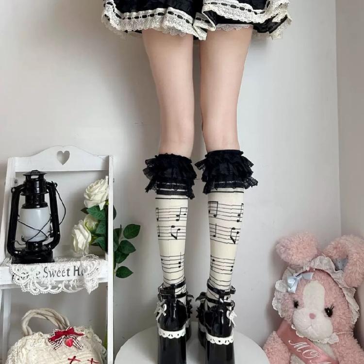 Soft Cotton Knee Length Socks with Ruffle Lace for Women Schoolgirl Elegant Music Note Skull Print Over Calf Socks