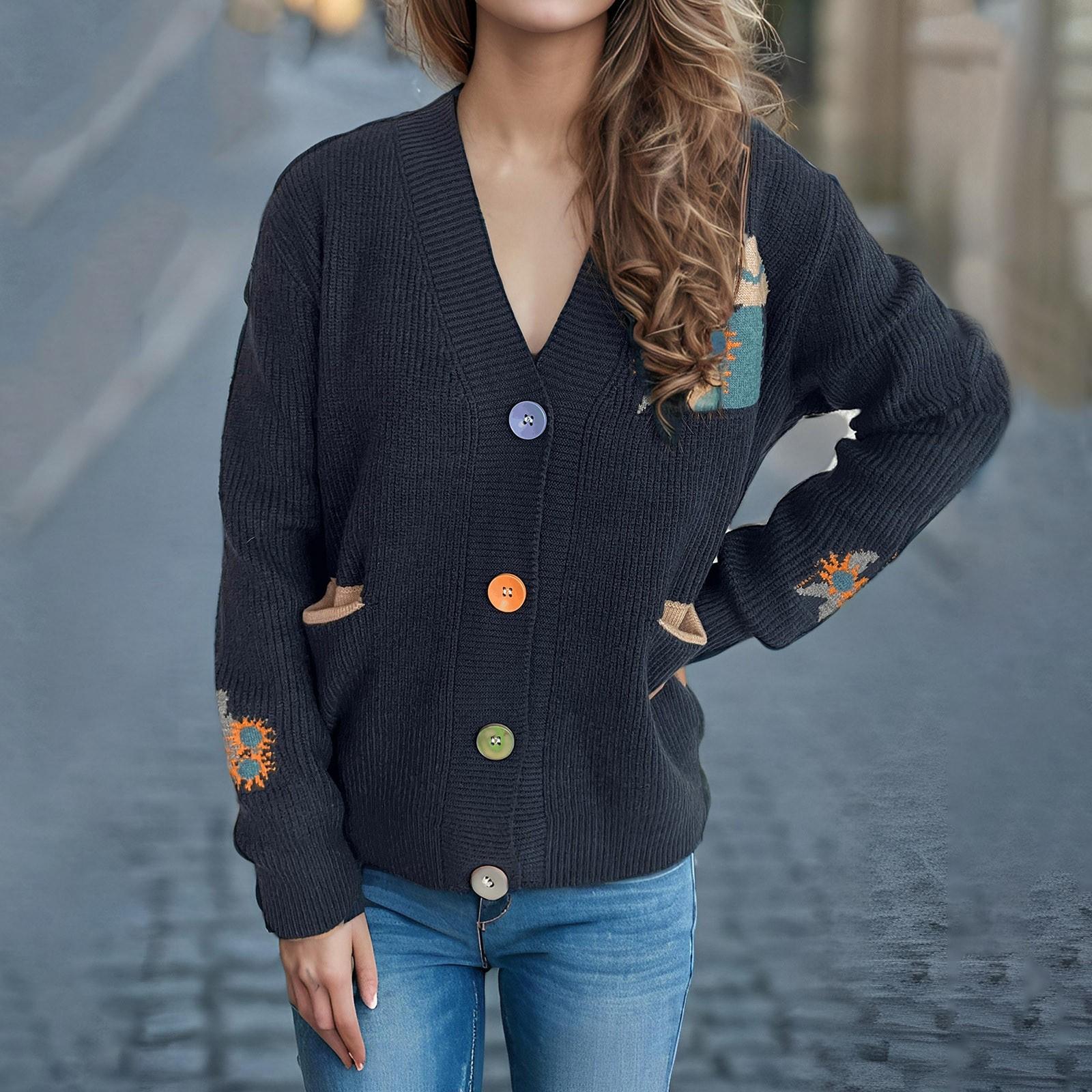 Цветочная вышивка вязаный свитер V-образный вырез контрастного цвета женский свитер — фото 3