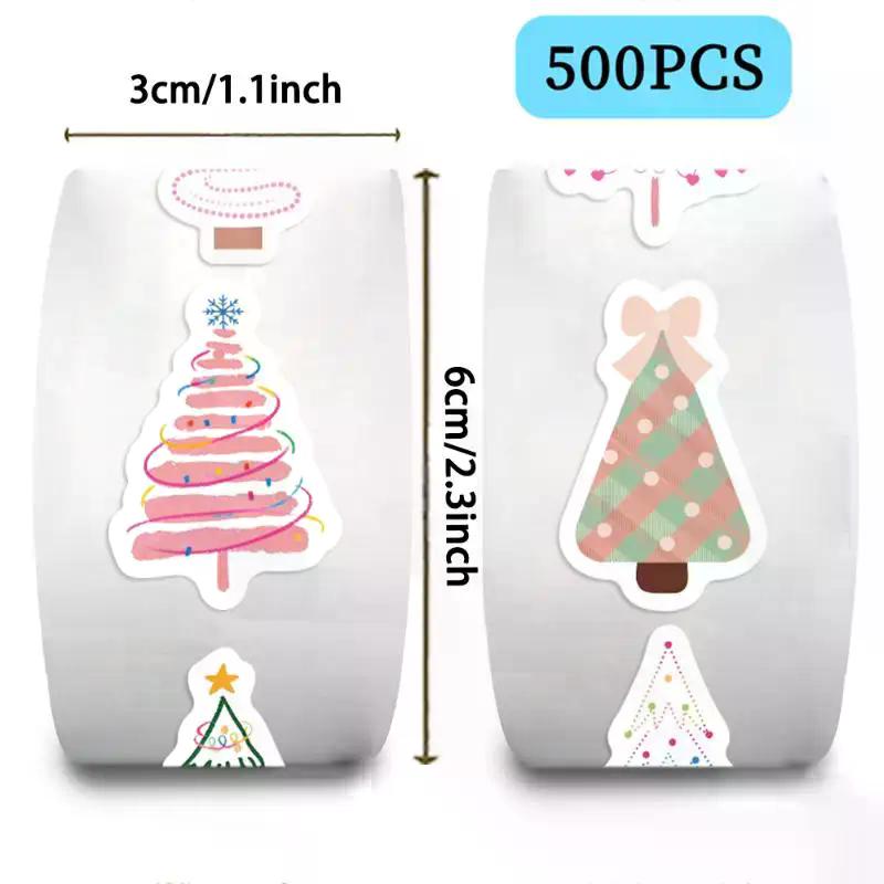 Jubilant Christmas Tree Decor Stickers; 500pcs Per Roll; For Enhancing Gift Wrapping and Scrapbook Station Designs