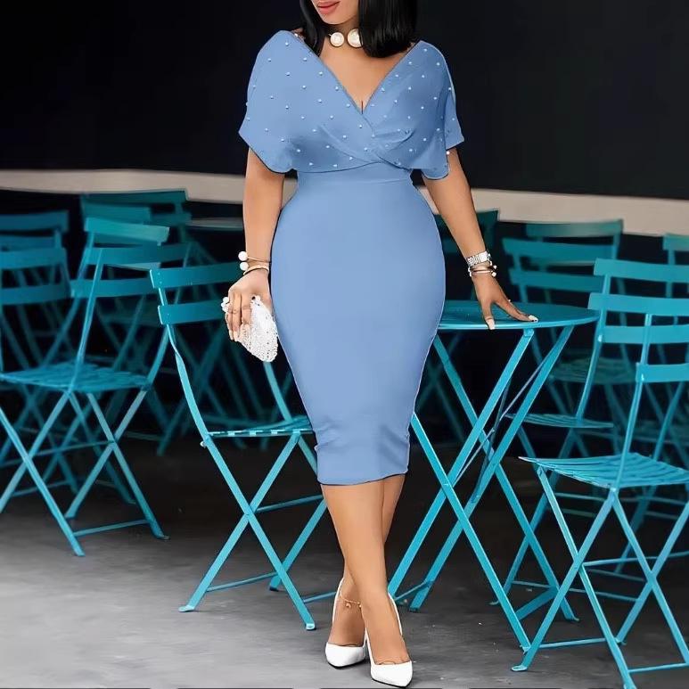 Women's summer elegant V-neck short-sleeved diamond-studded tube top slim dress