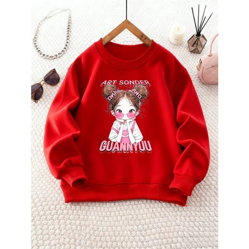 Girl s Crew Neck Sweatshirt with Cartoon Girl Print, Long Sleeve Top, Suitable for Outdoor Wear and Weekend Outings 110 красный