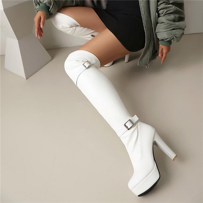 Women's High-heeled Boots, Sexy European and American Style Waterproof Platform Thick Heel Solid Color Large-size Knee Boots