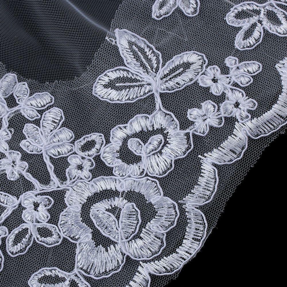 New White/Ivory One-tier Bridal Wedding Veil with Comb Edge Applique Tulle Lace