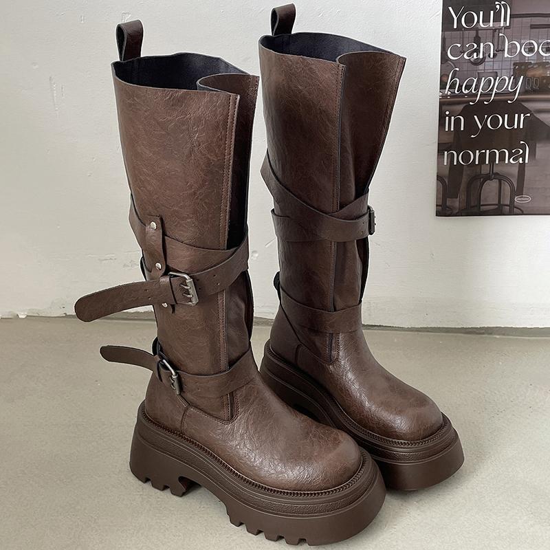 

Модные винтажные женские ботфорты на толстой подошве, модные ботинки с ремешком и пряжкой на молнии, женские рыцарские ботильоны 35 коричневый